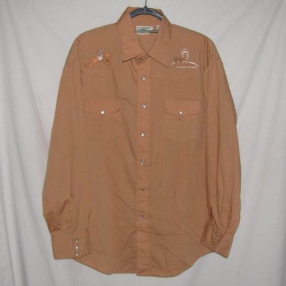 Mens Vintage Western Shirt Pearl Snap Embroidered Cowboy Covered Wagon w/ Flaw - Picture 1 of 15